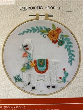 Llama Embroidery Hoop Kit 8” x 8” DIY Floral Alpaca Craft Kit NIP